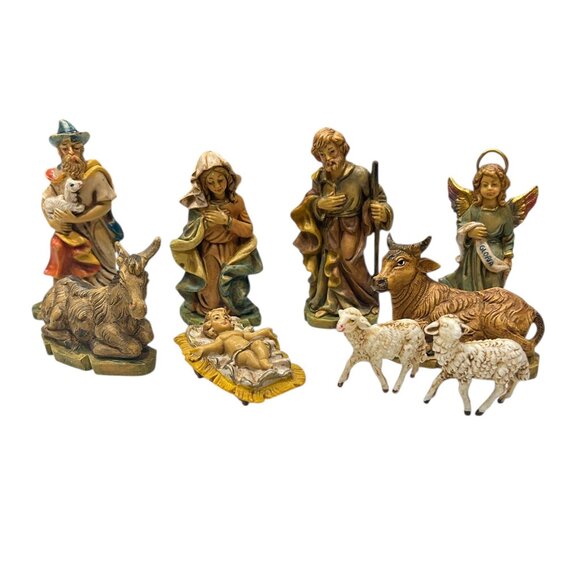 Vintage Italy Nativity Set Wood Stable 7 Figures + 2 Sheep Christmas Decor - Picture 1 of 10